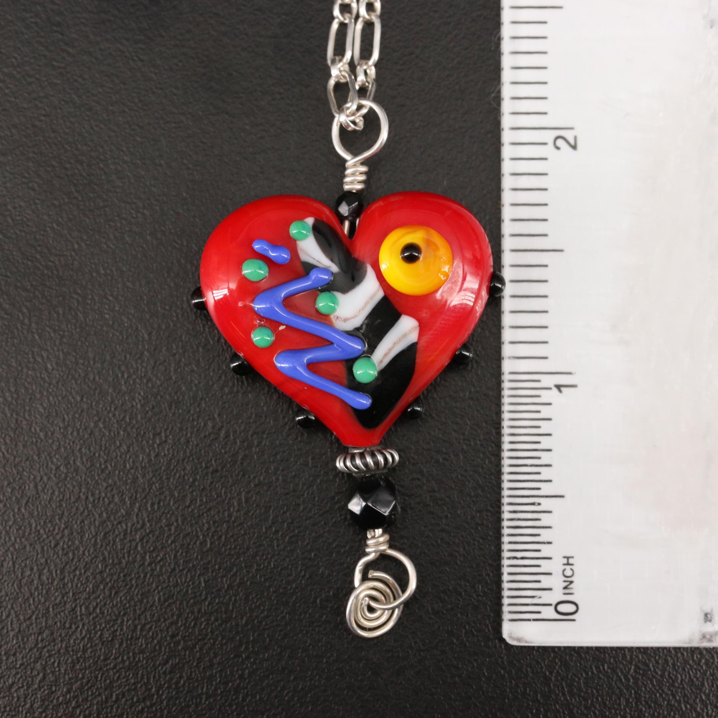 Faith Wickey Lampwork Glass Dangle Earrings and Heart Pendant Necklace