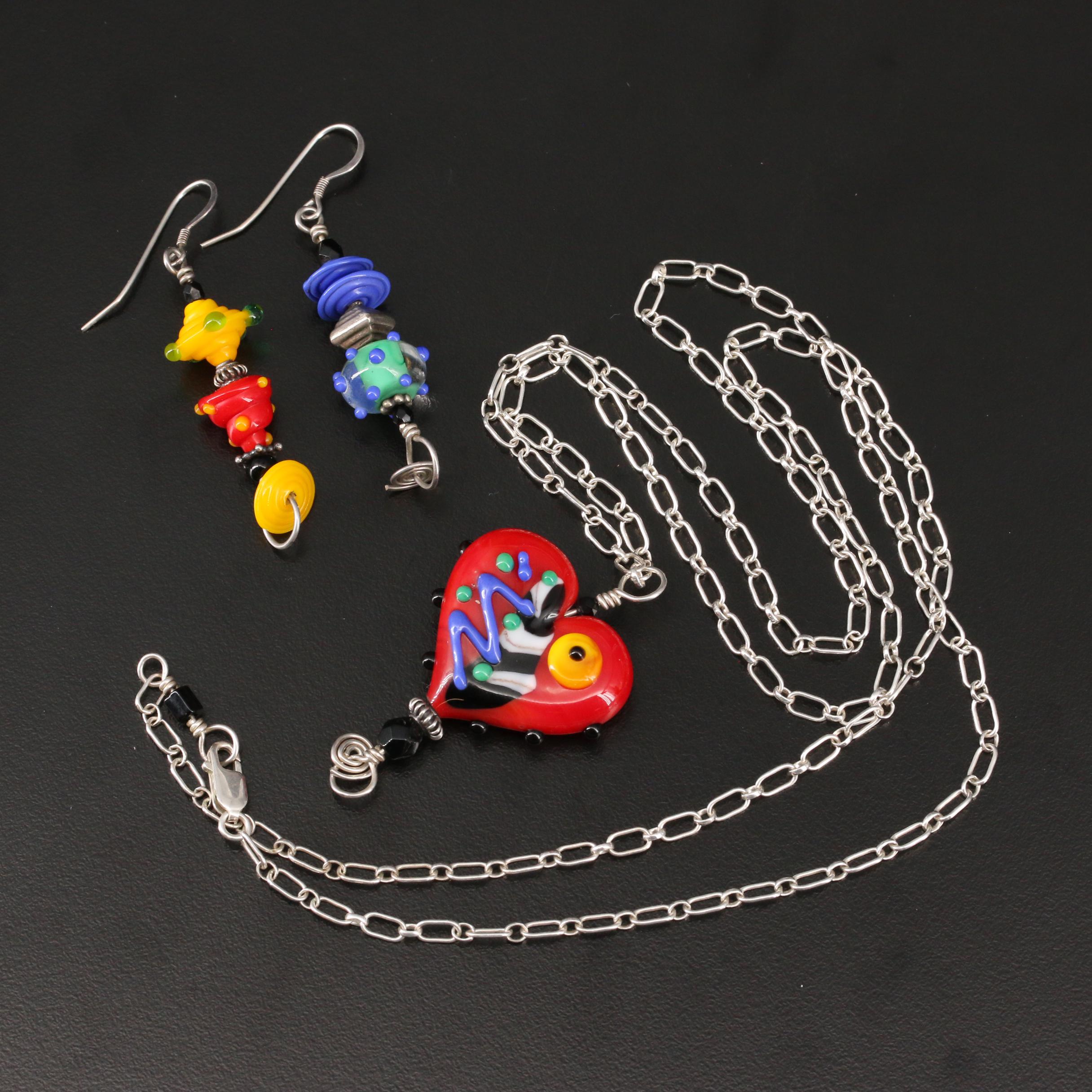Faith Wickey Lampwork Glass Dangle Earrings and Heart Pendant Necklace