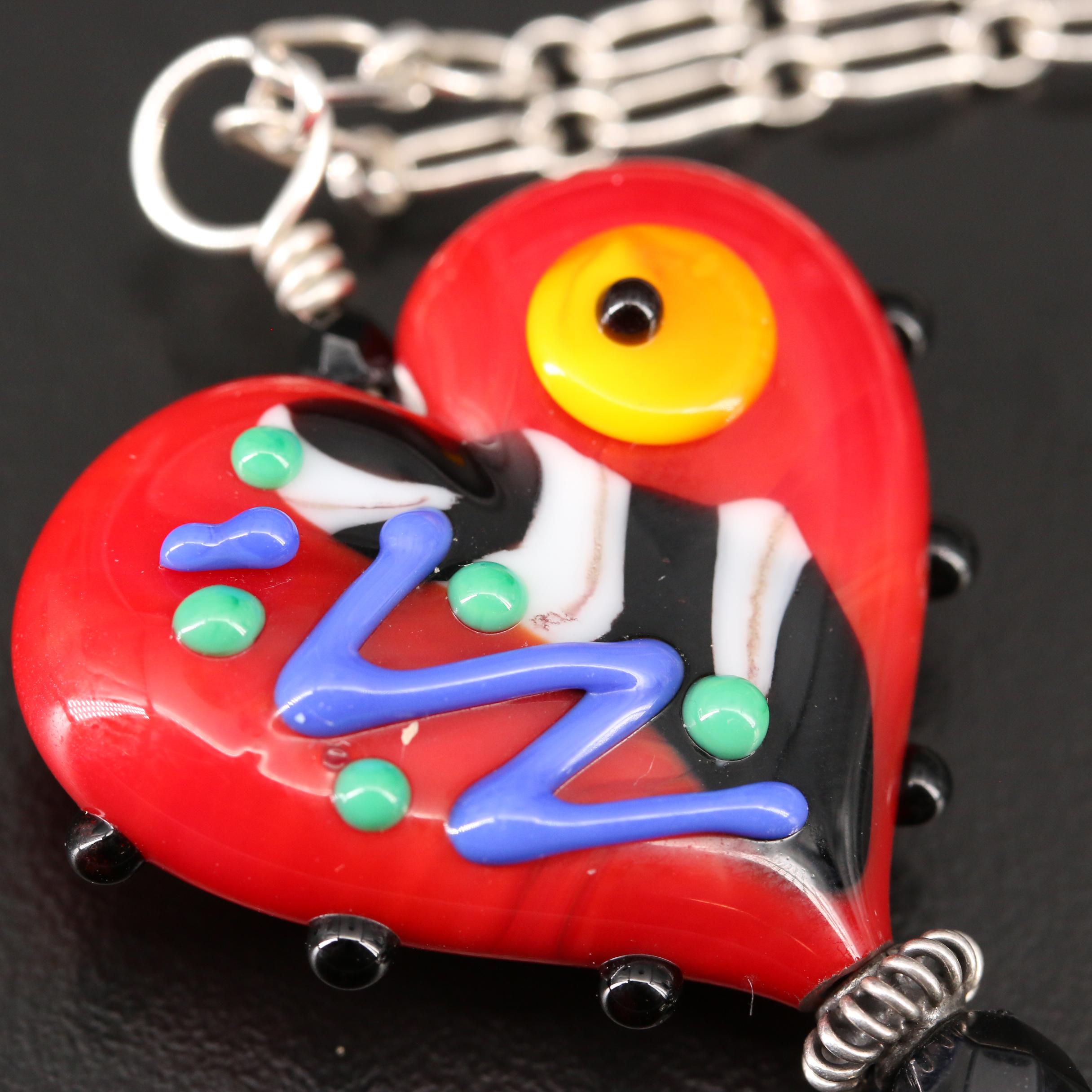 Faith Wickey Lampwork Glass Dangle Earrings and Heart Pendant Necklace