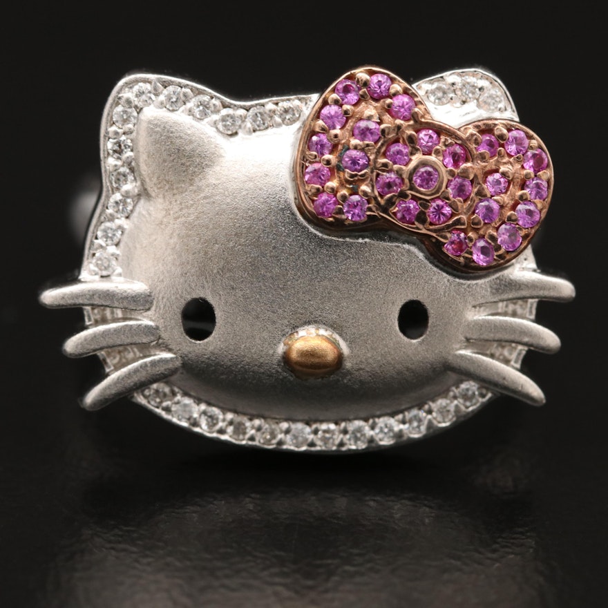 Sanrio Sterling Silver Diamond and Sapphire Hello Kitty Ring with 18K Accent