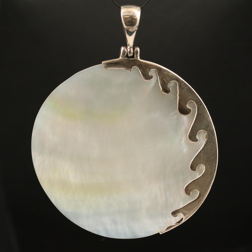 Sterling Silver Mother of Pearl Full Moon and Waves Motif Pendant