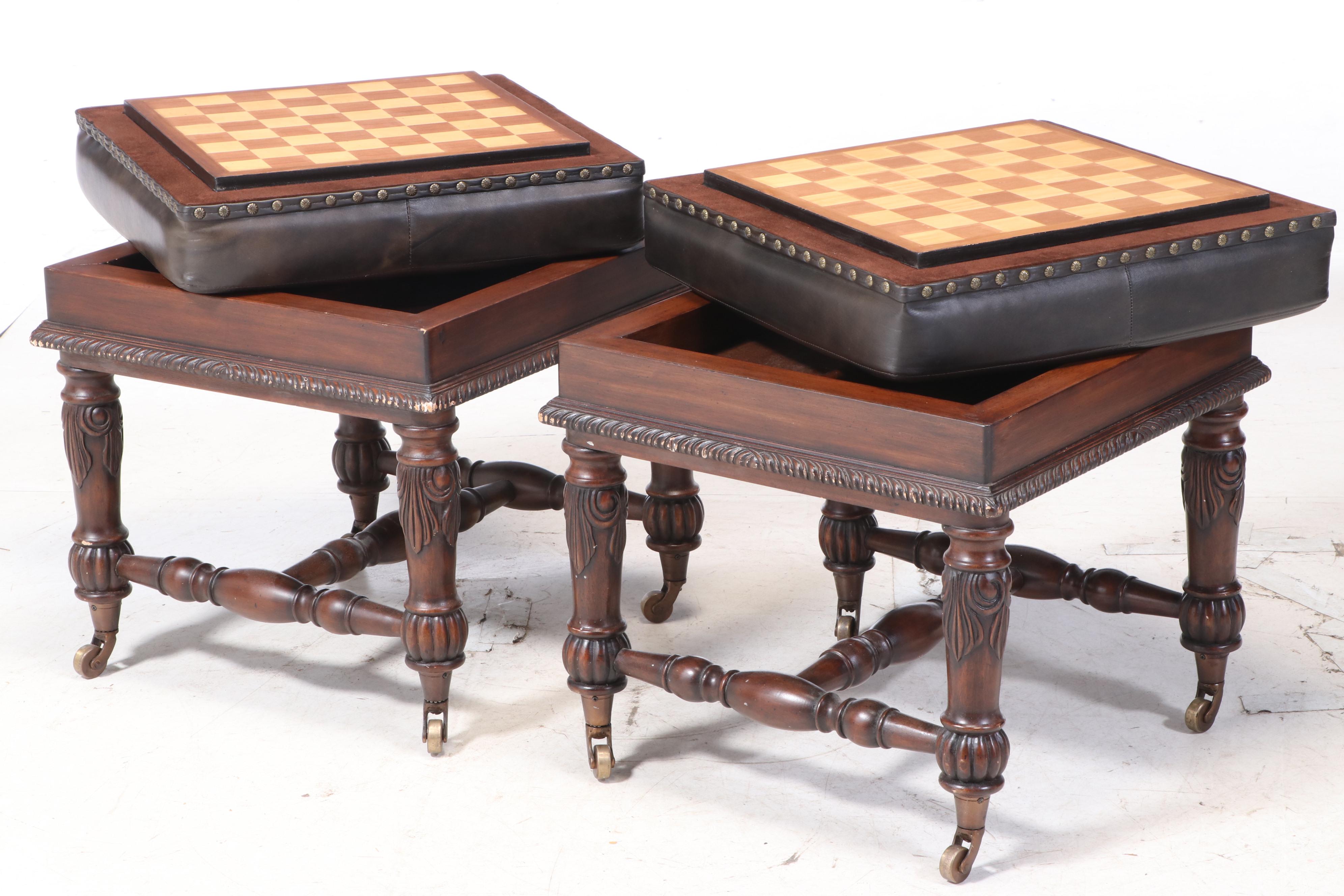 Pair of Mahogany-Stained and Faux-Leather "Captain Jack" Stools with Gameboards