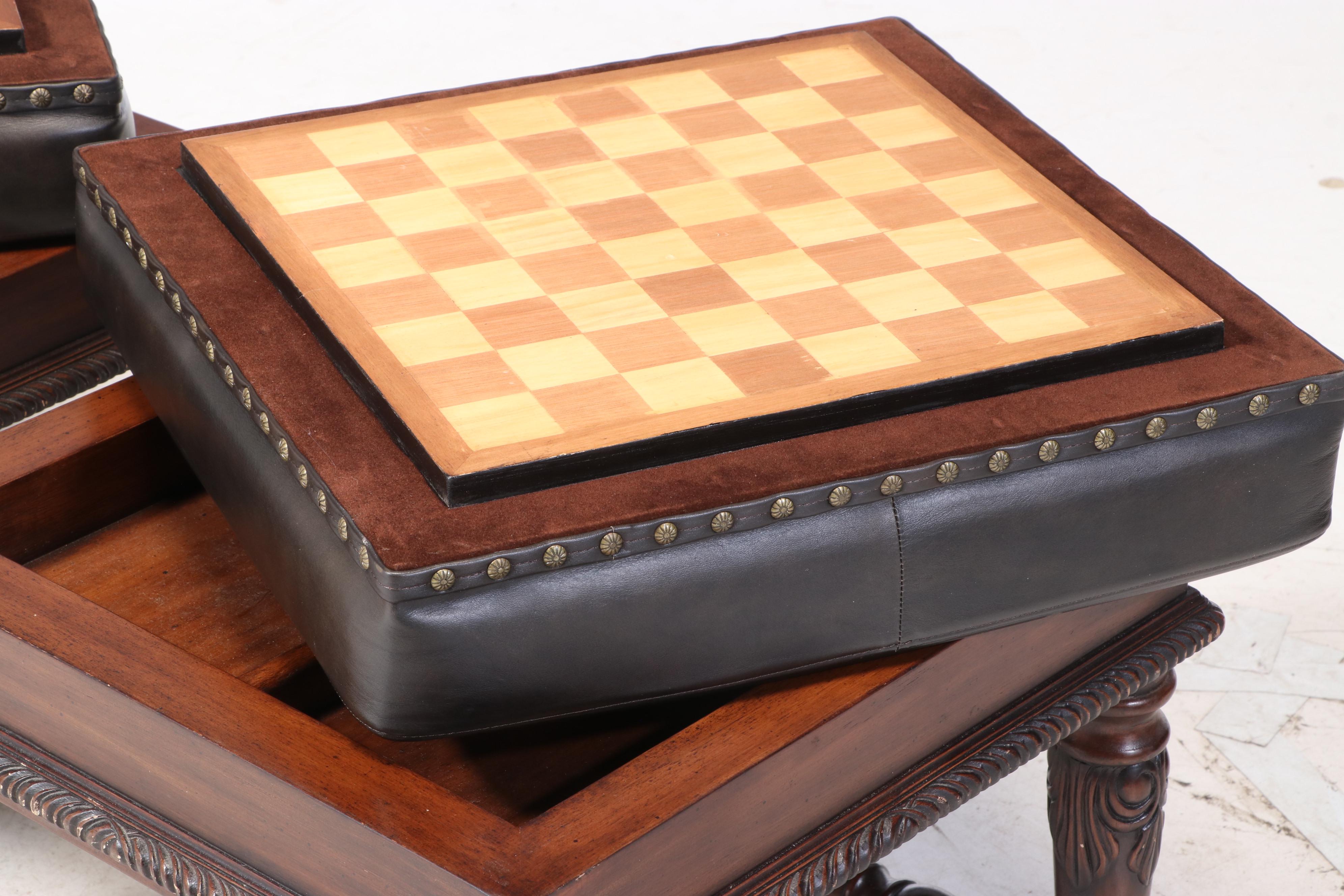 Pair of Mahogany-Stained and Faux-Leather "Captain Jack" Stools with Gameboards