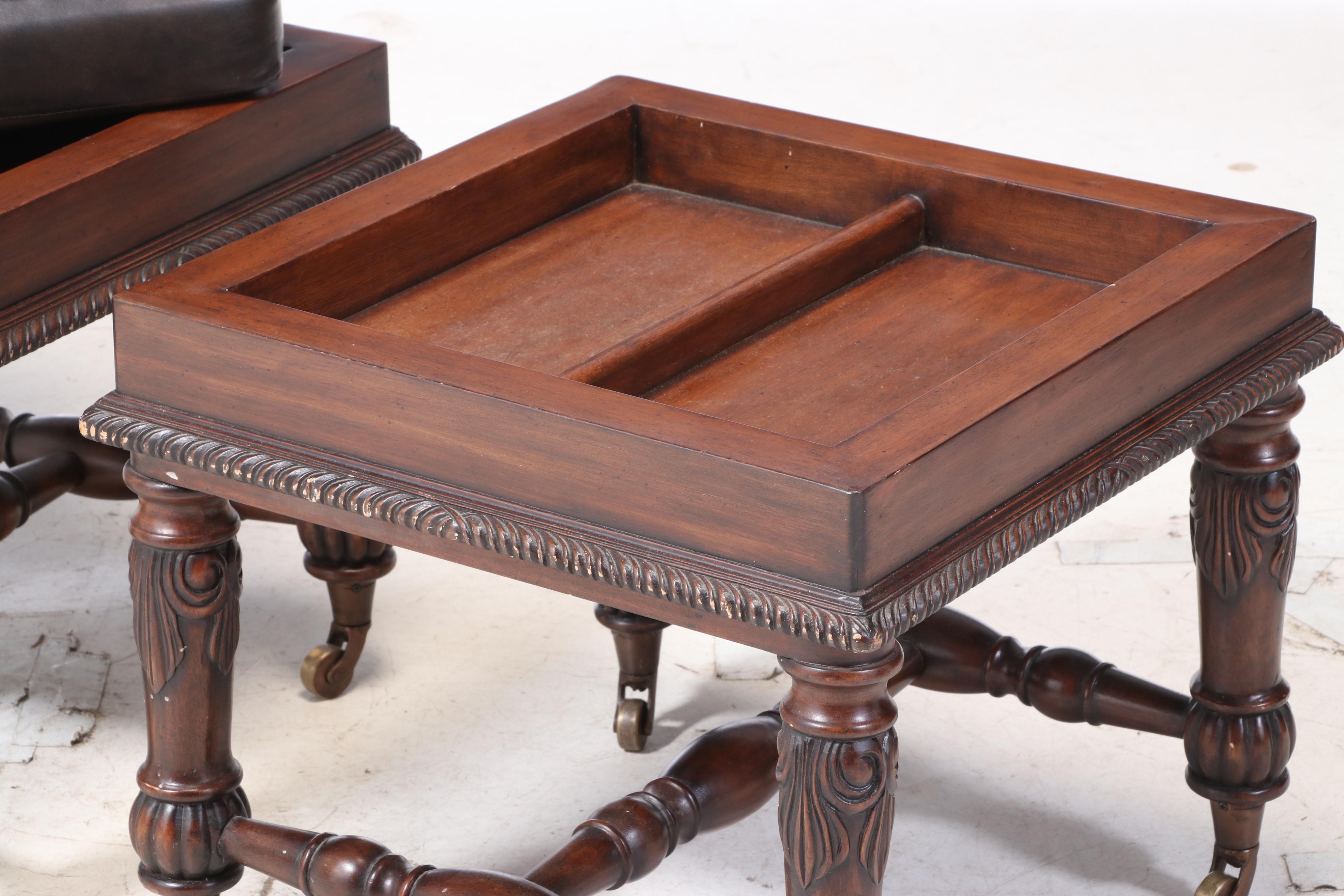 Pair of Mahogany-Stained and Faux-Leather "Captain Jack" Stools with Gameboards