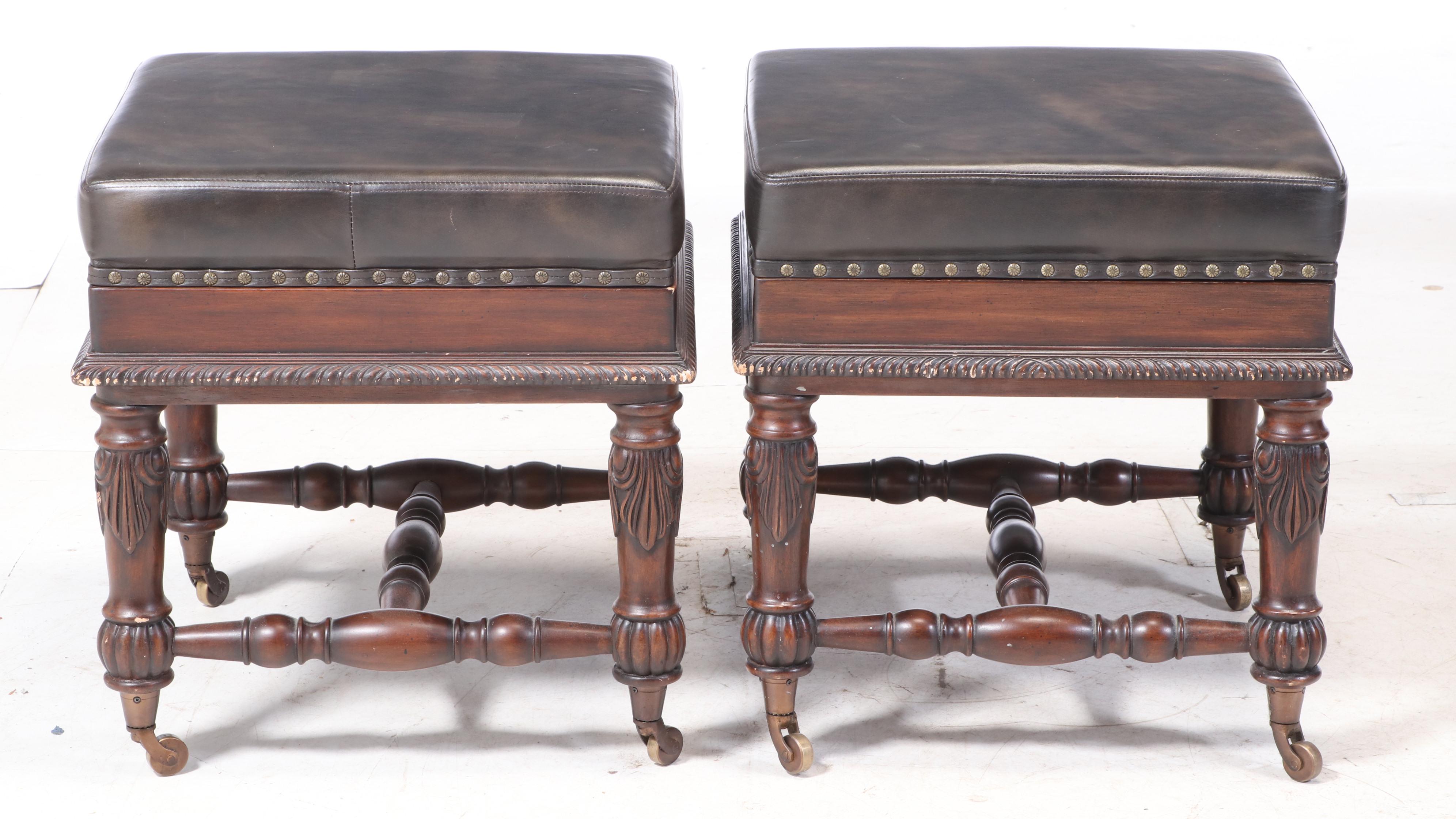 Pair of Mahogany-Stained and Faux-Leather "Captain Jack" Stools with Gameboards
