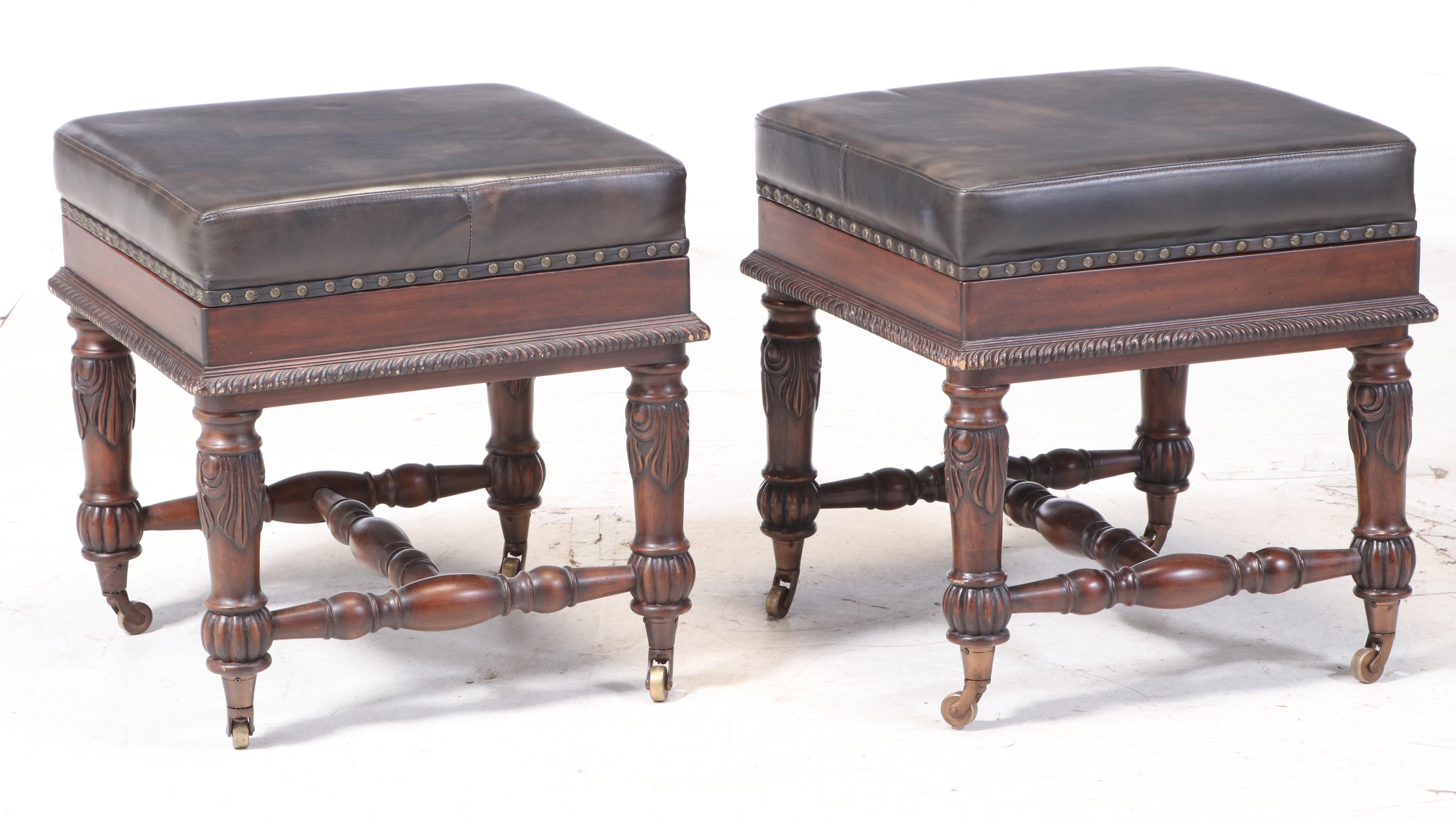 Pair of Mahogany-Stained and Faux-Leather "Captain Jack" Stools with Gameboards