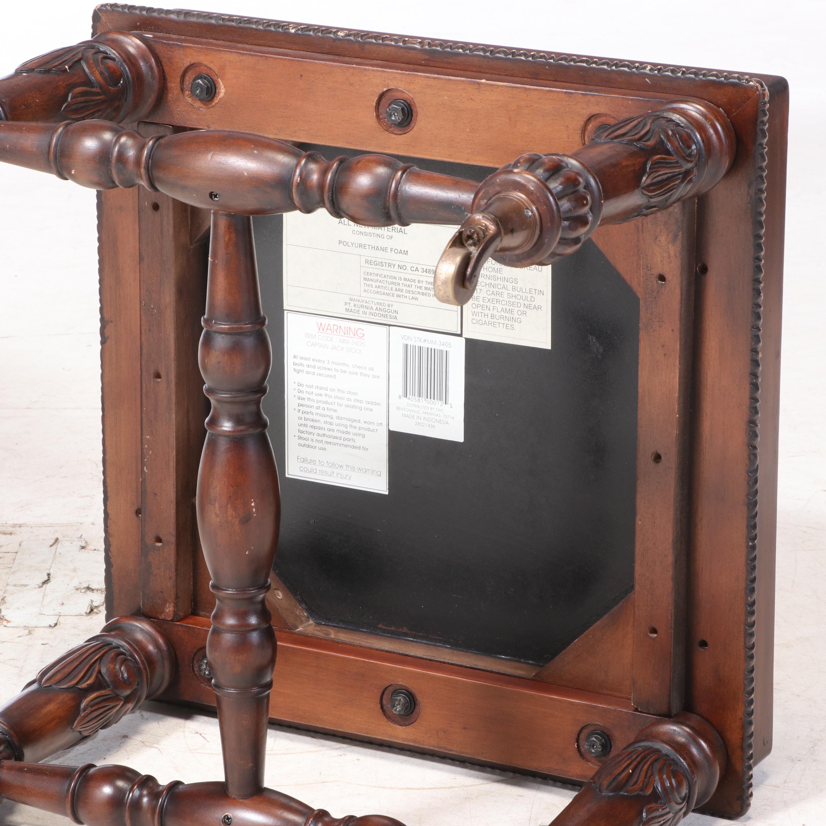 Pair of Mahogany-Stained and Faux-Leather "Captain Jack" Stools with Gameboards