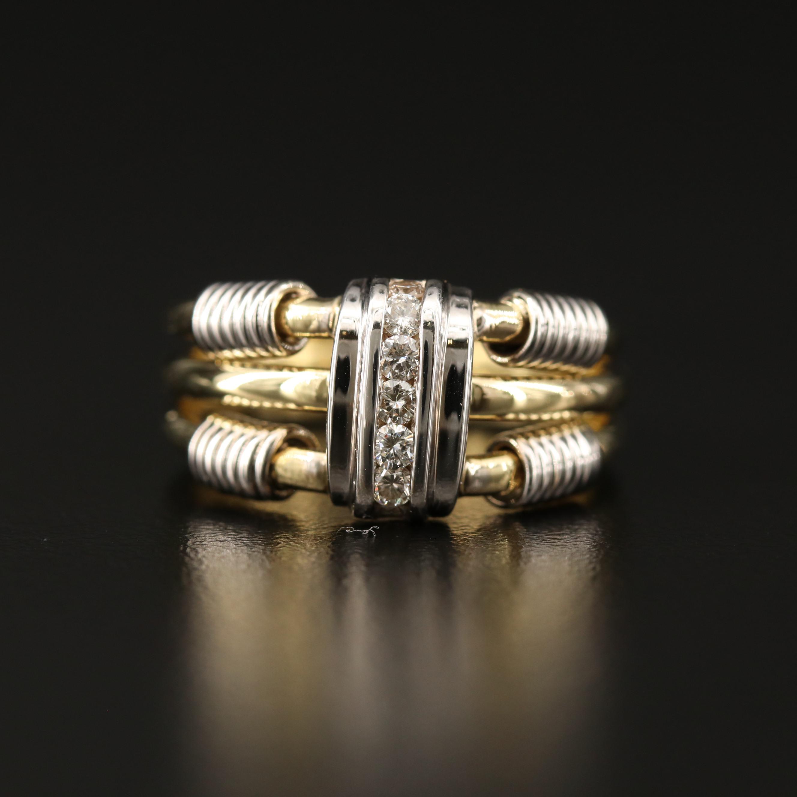 18K Channel Set Diamond Ring with Cable Style Accents