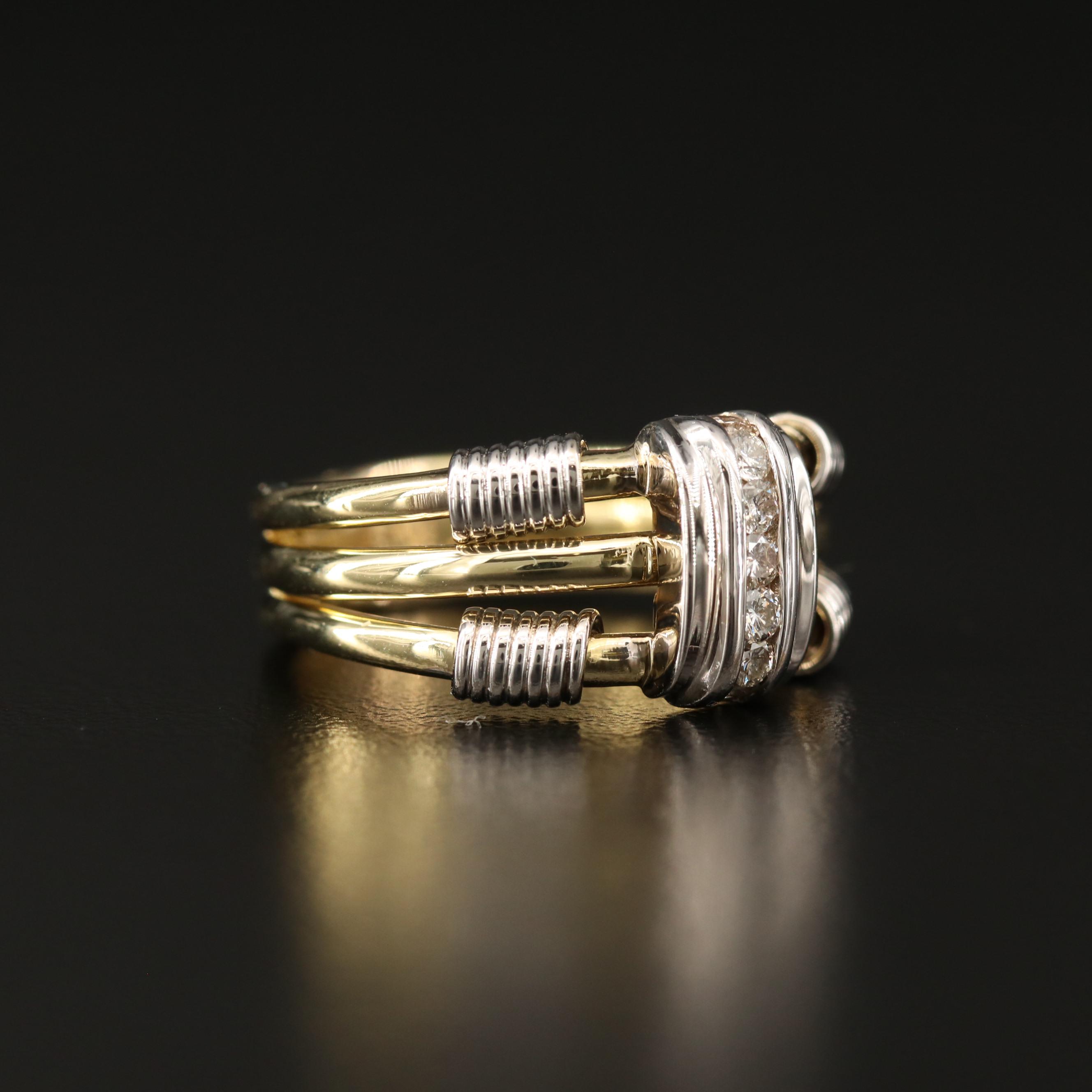 18K Channel Set Diamond Ring with Cable Style Accents