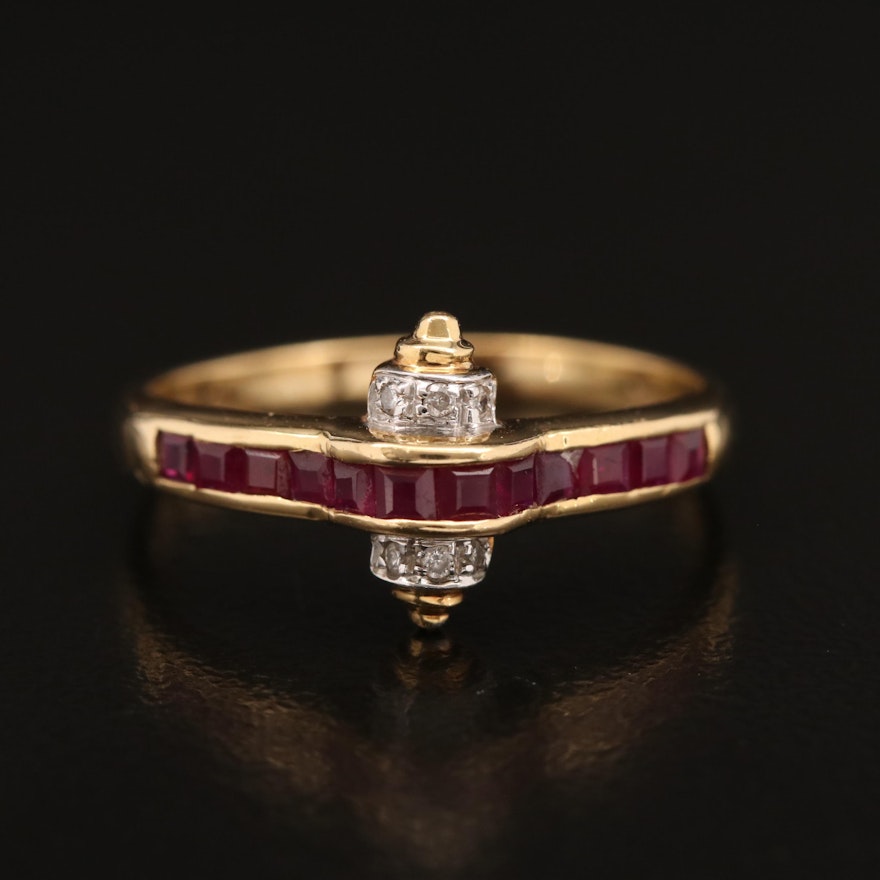 18K Ruby and Diamond Ring with Scroll Accents