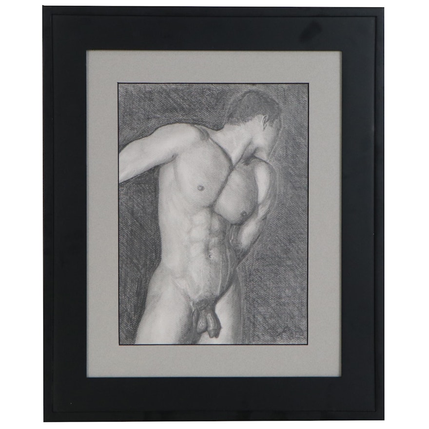 Kevin Ford Figural Graphite Drawing of Male Nude, Late 20th Century