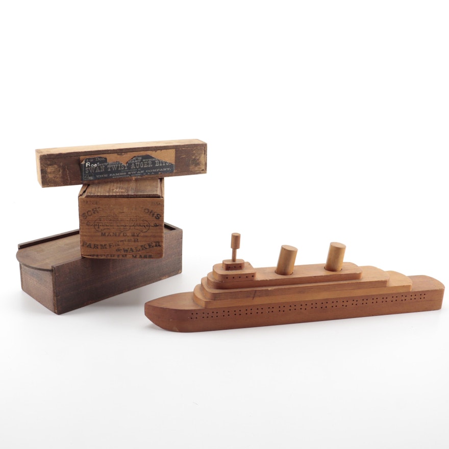 Bench Made Wooden Ship, Boxes with Slide Tops