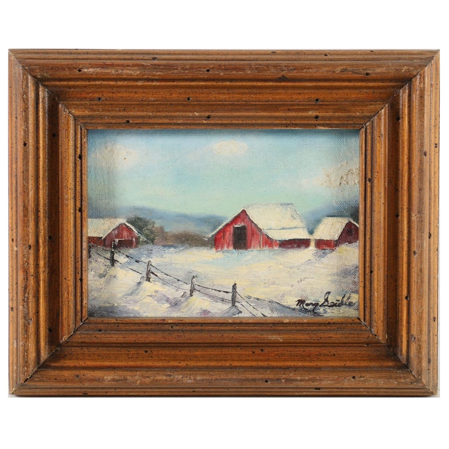 Winter Landscape Oil Painting of Barns