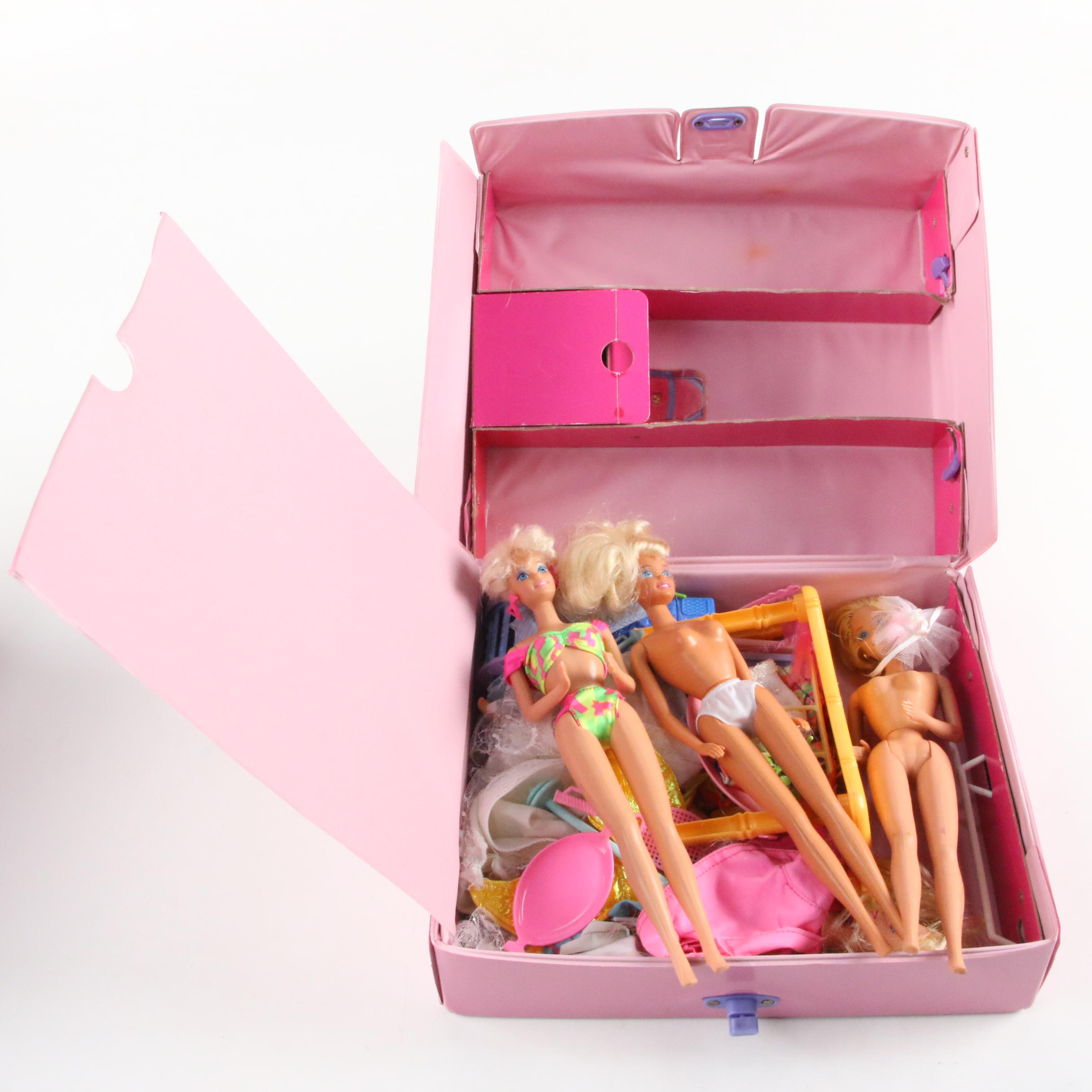 Barbies with 1989 Pink Vinyl Carry Case Wardrobe