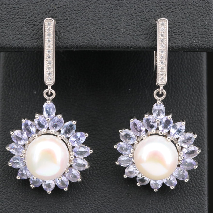 Sterling Silver Pearl and Tanzanite Dangle Earrings
