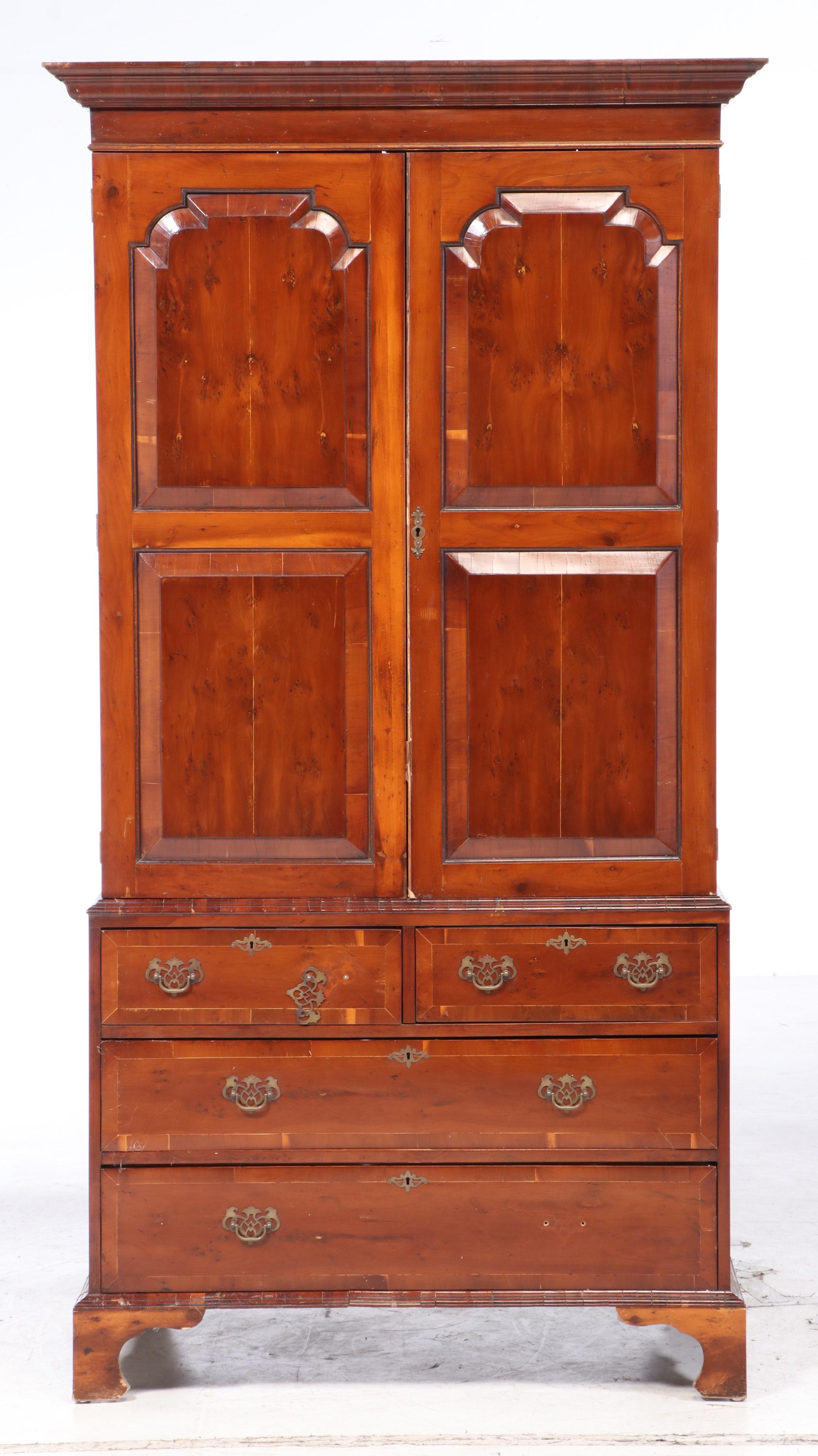 George III Style Yew Wood Linen Press, 20th Century