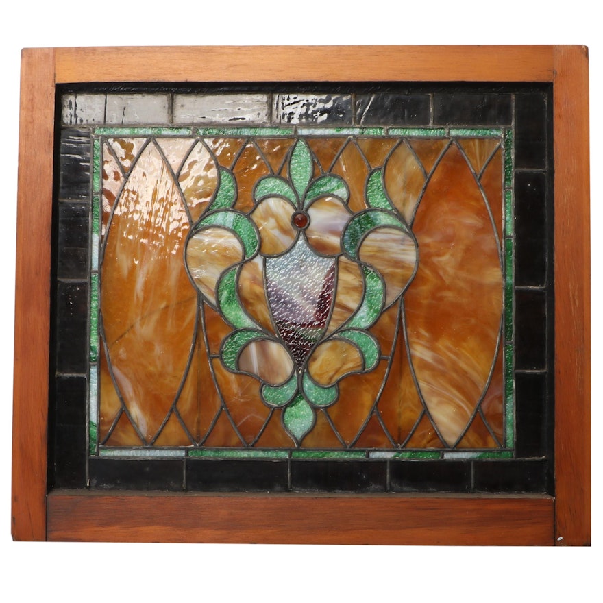 Art Nouveau Style Wood Framed Slag Glass Hanging Panel