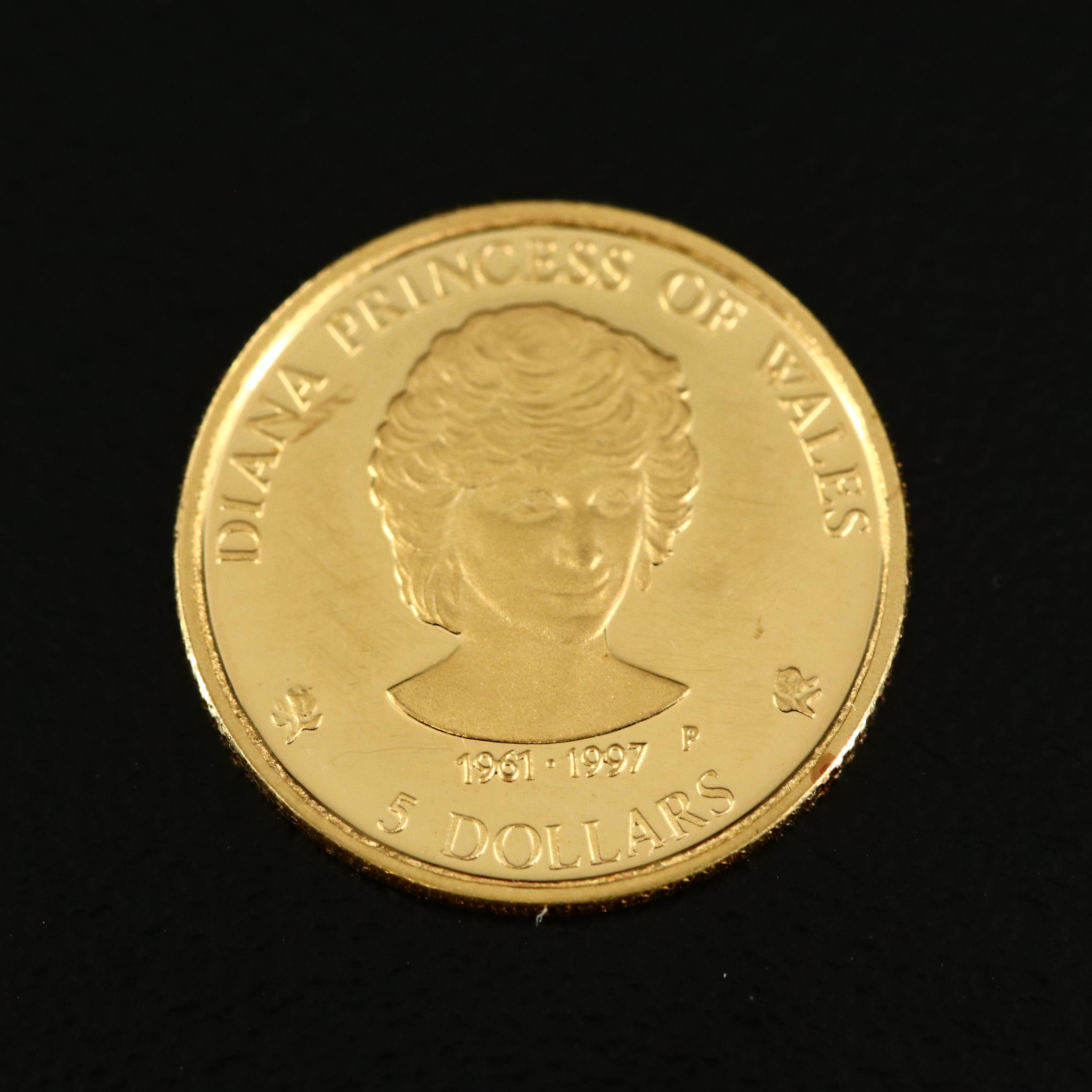 1997 Cook Islands Princess Diana 5-Dollar Proof 1/25th Oz. Gold Coin