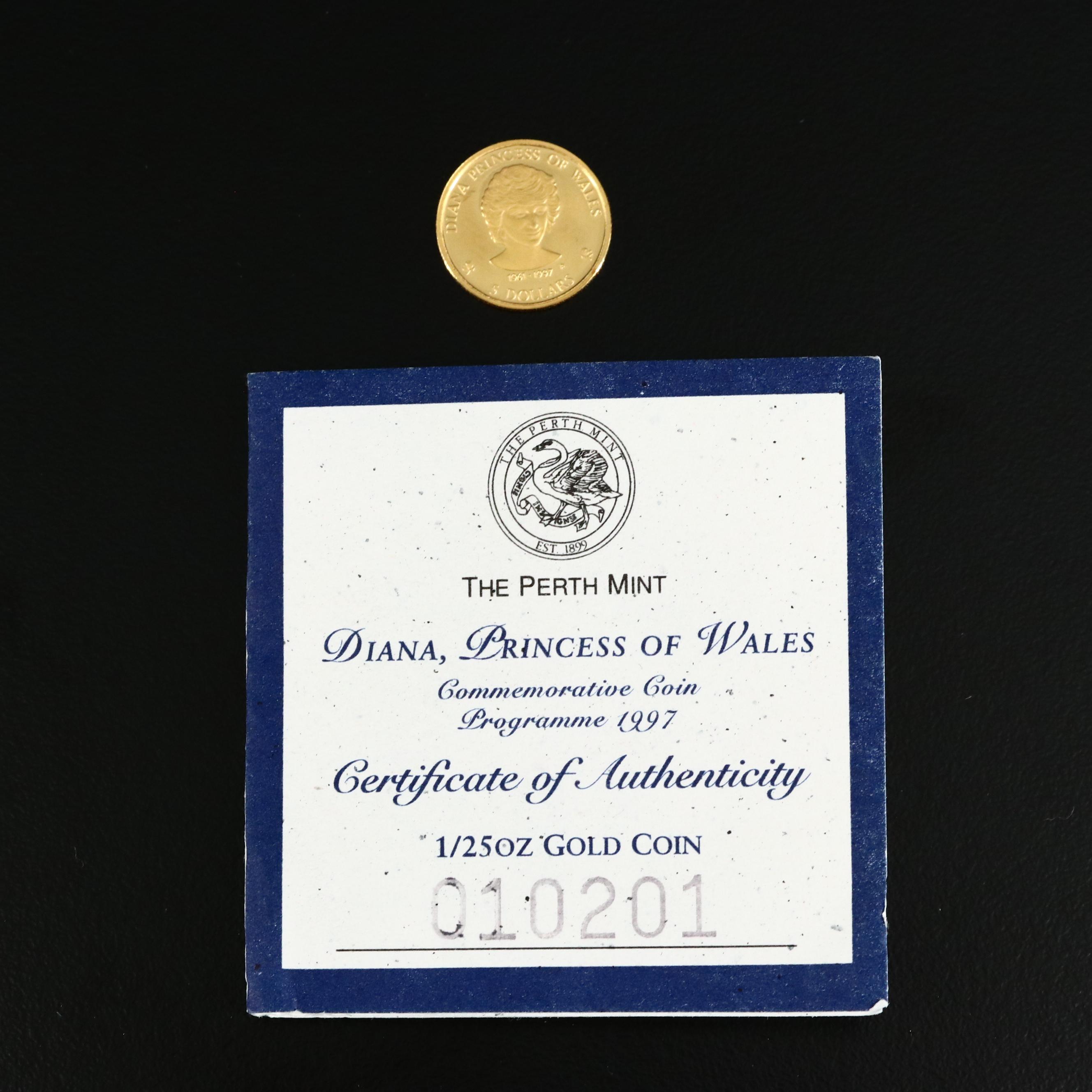 1997 Cook Islands Princess Diana 5-Dollar Proof 1/25th Oz. Gold Coin