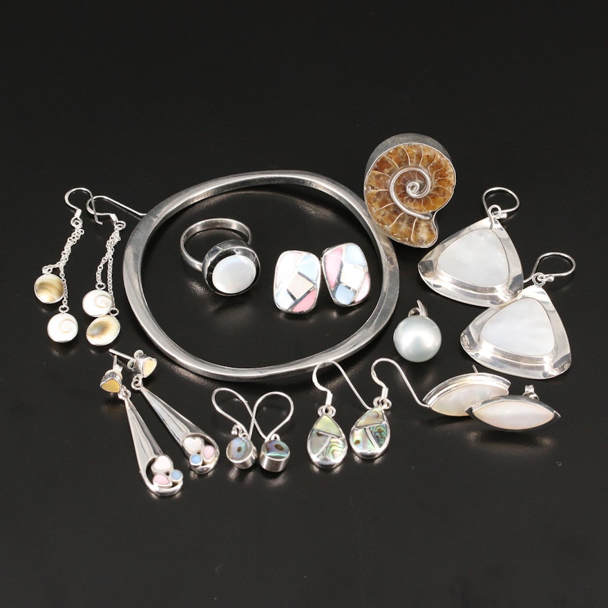 Selection of Sterling Silver Jewelry Including Abalone, Shell and Ammolite