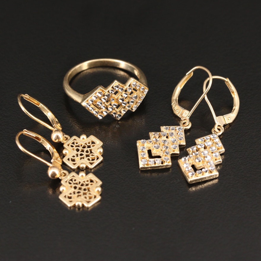 14K Diamond Cut Ring and Earrings