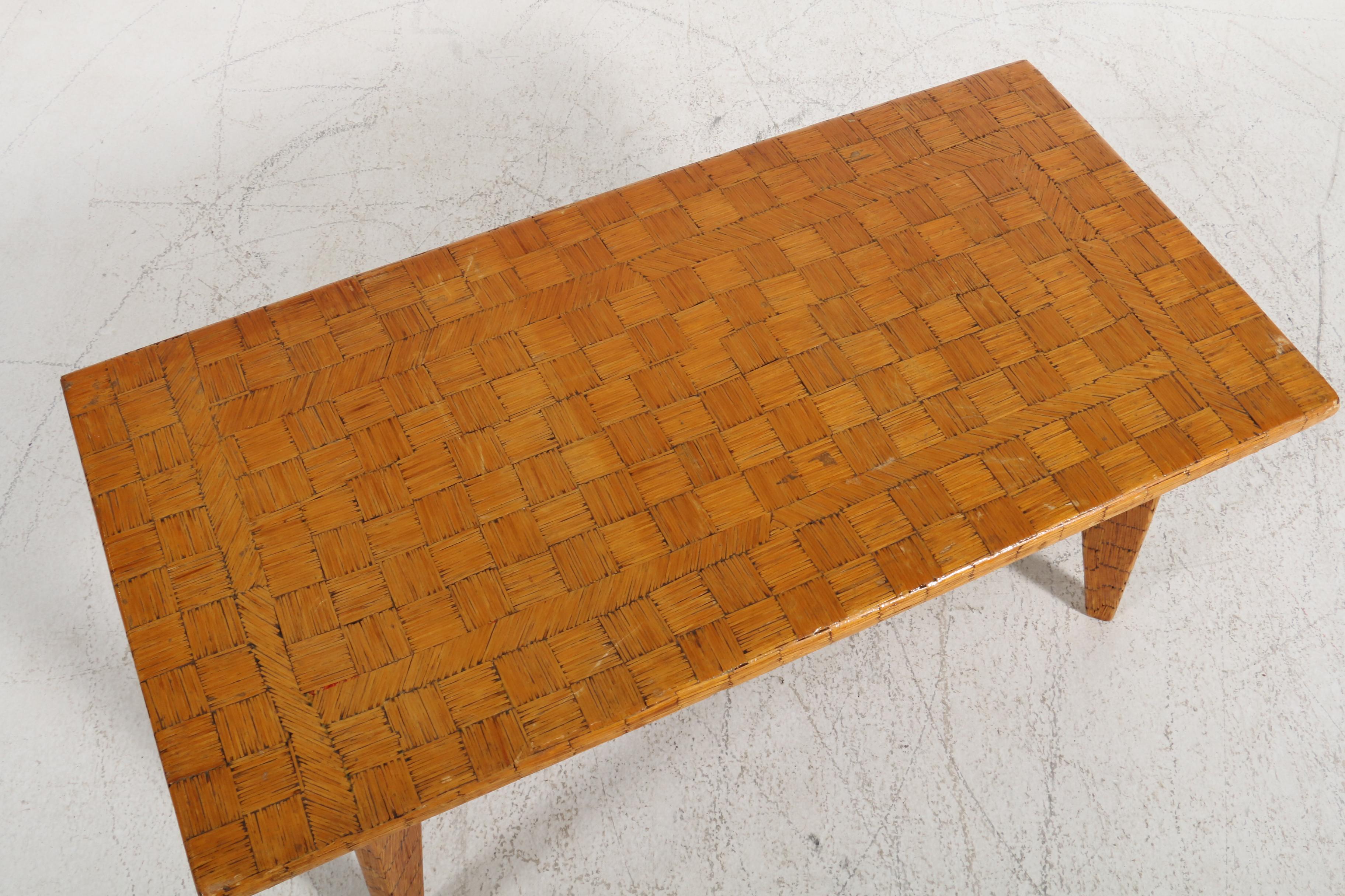 Signed Melvin Corbin Folk Art Matchstick Coffee Table, Mid-20th Century