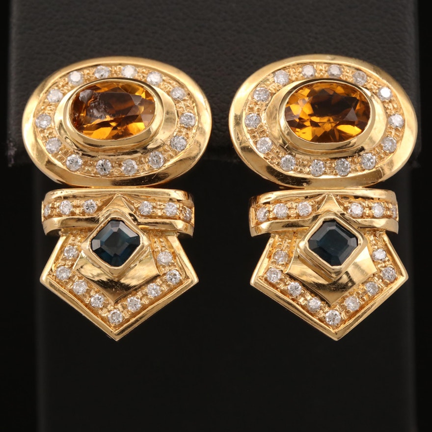 18K Citrine, Sapphire and Diamond Drop Earrings