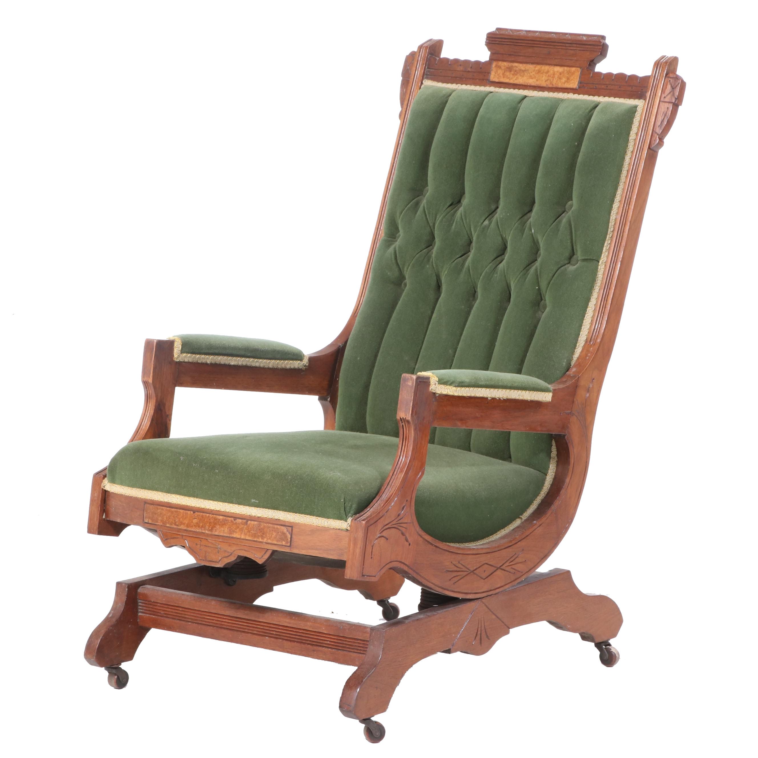 Victorian Walnut and Burl Walnut Platform Rocker, Late 19th Century