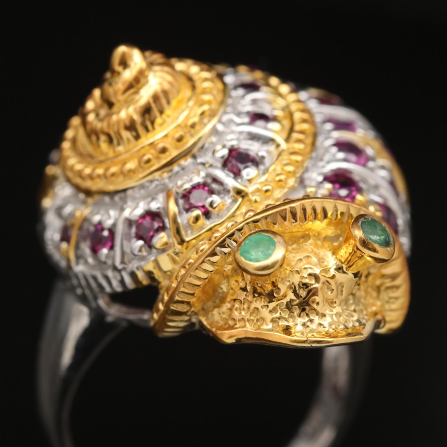 Sterling Emerald and Rhodolite Garnet Snail Ring