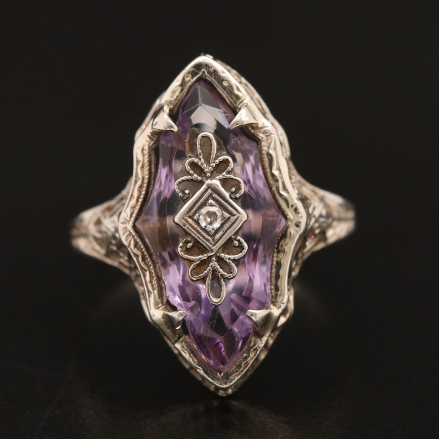 1930s Art Deco 14K and 10K Amethyst and Diamond Ring