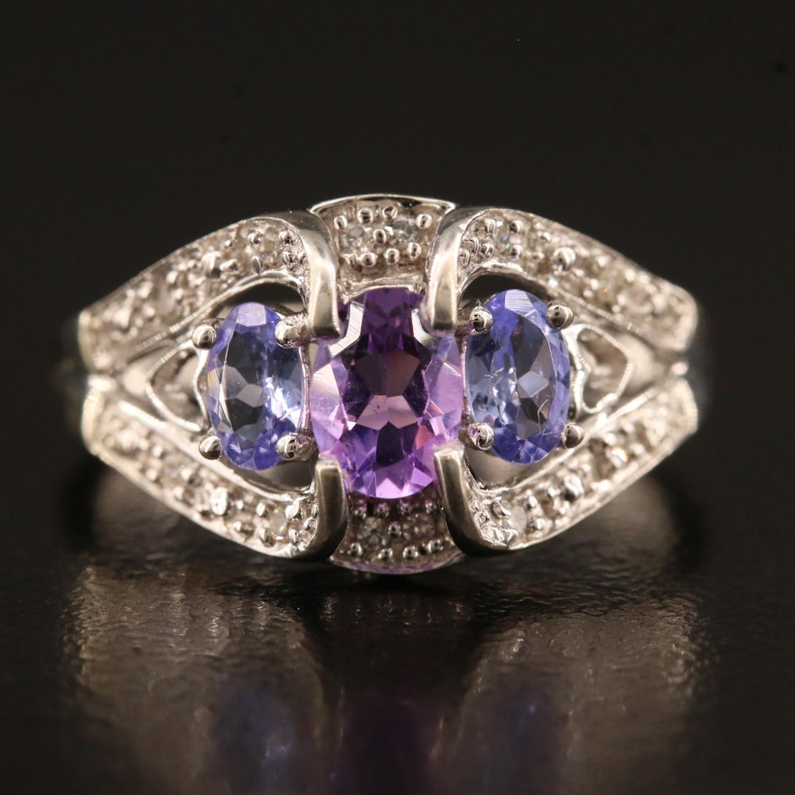 10K  Tanzanite and Amethyst Heart Motif Ring with Diamond Accents