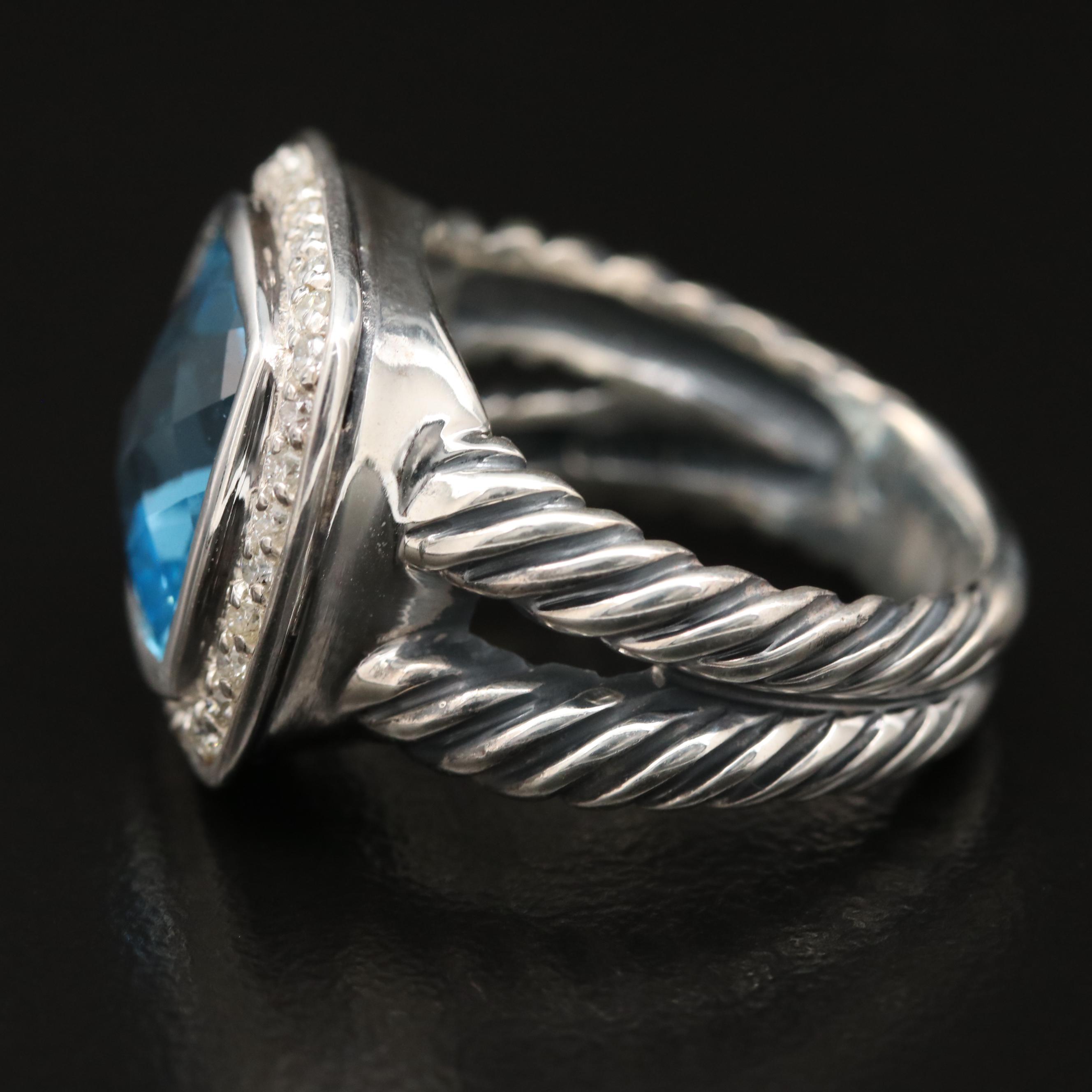 David Yurman Sterling Silver Topaz and Diamond Ring