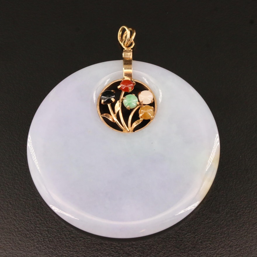 14K Jadeite Hololith Pendant with Jadeite and Black Onyx Floral Accents