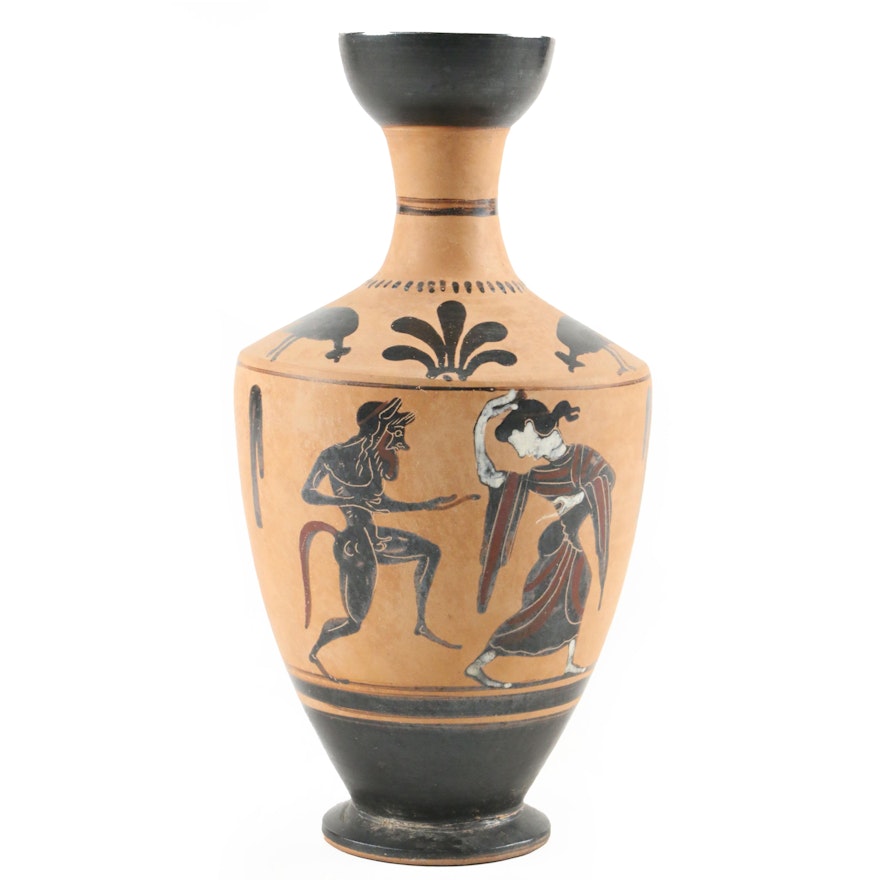 Ancient Grecian Style Terracotta Black Figure Pottery Lekythos