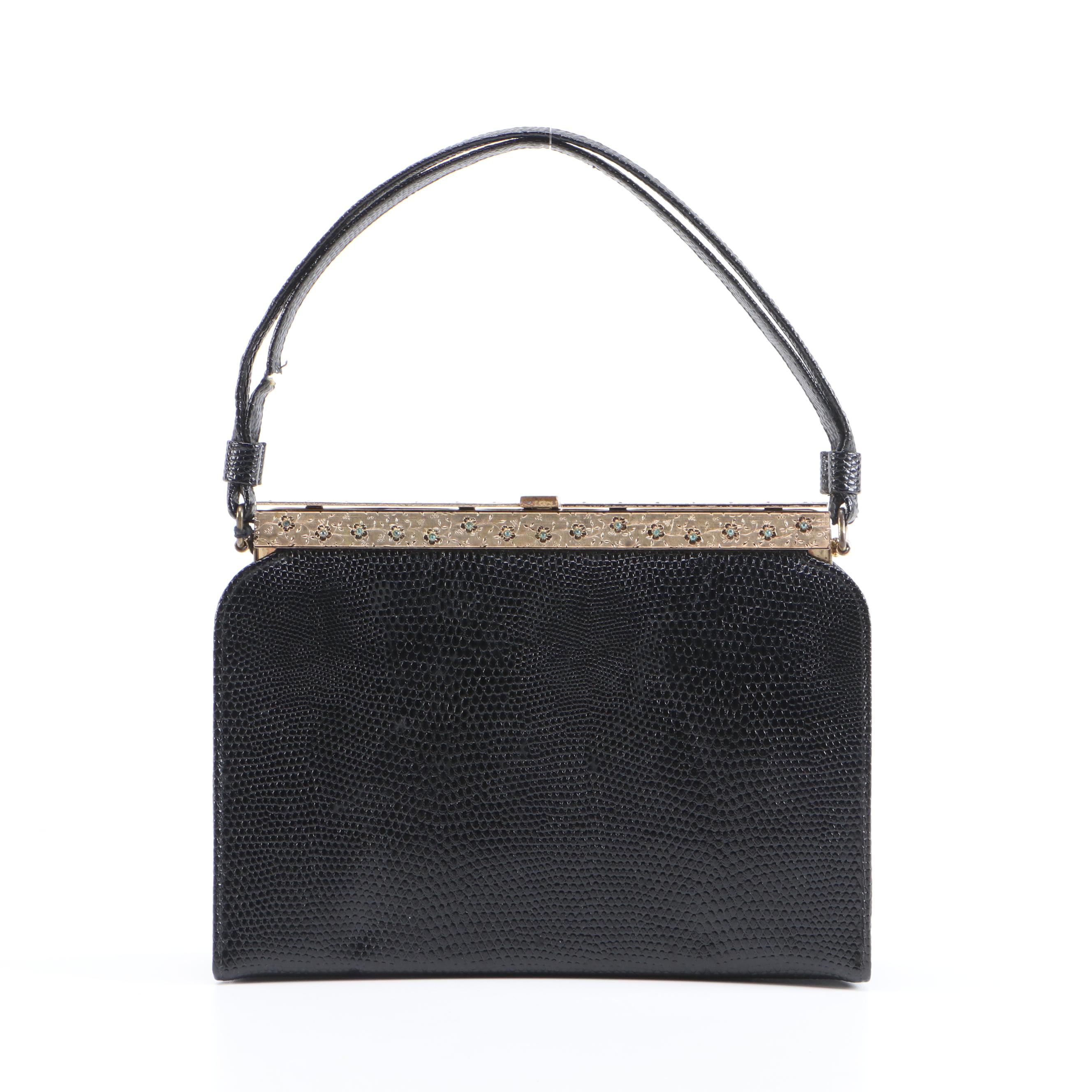 Franklin Simon After Five Black Lizard Embossed Frame Bag, Vintage