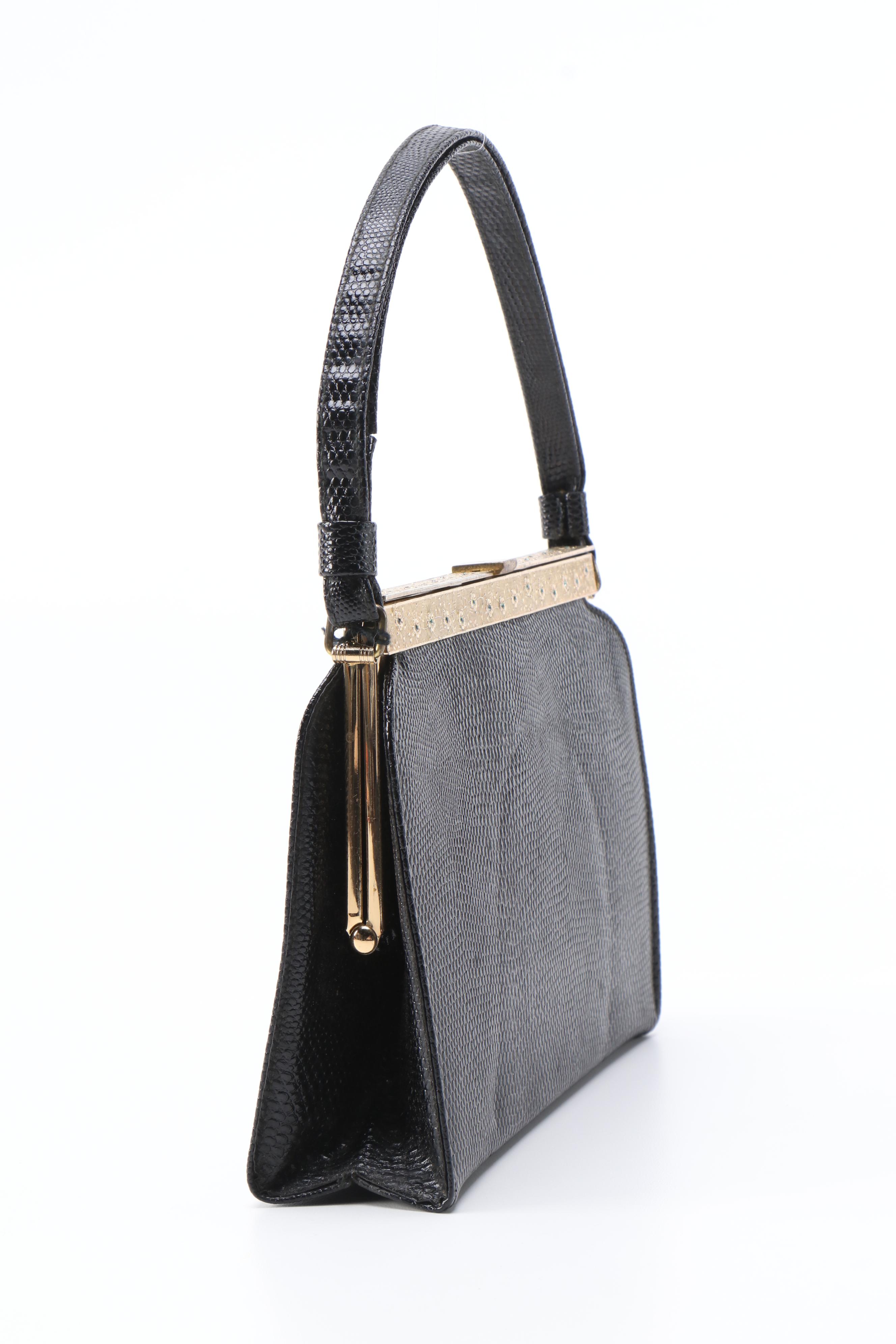 Franklin Simon After Five Black Lizard Embossed Frame Bag, Vintage