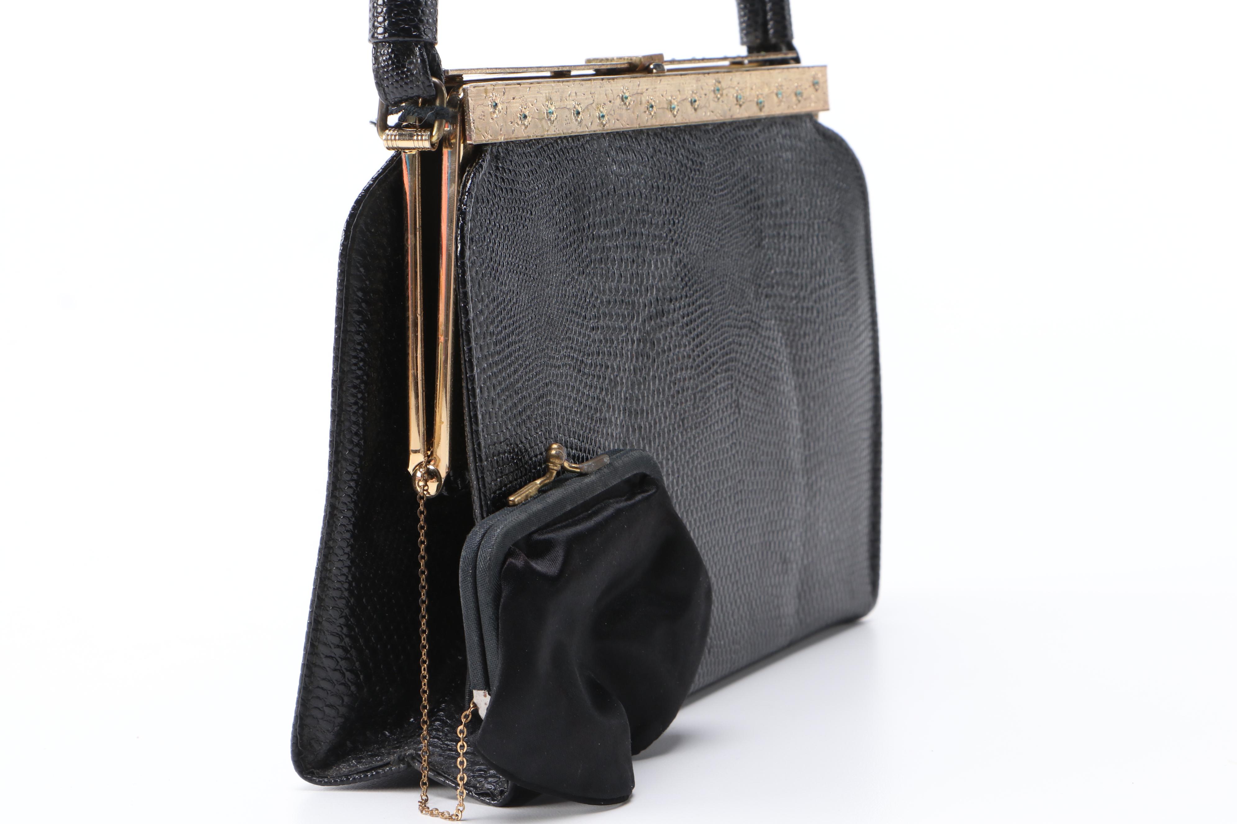 Franklin Simon After Five Black Lizard Embossed Frame Bag, Vintage