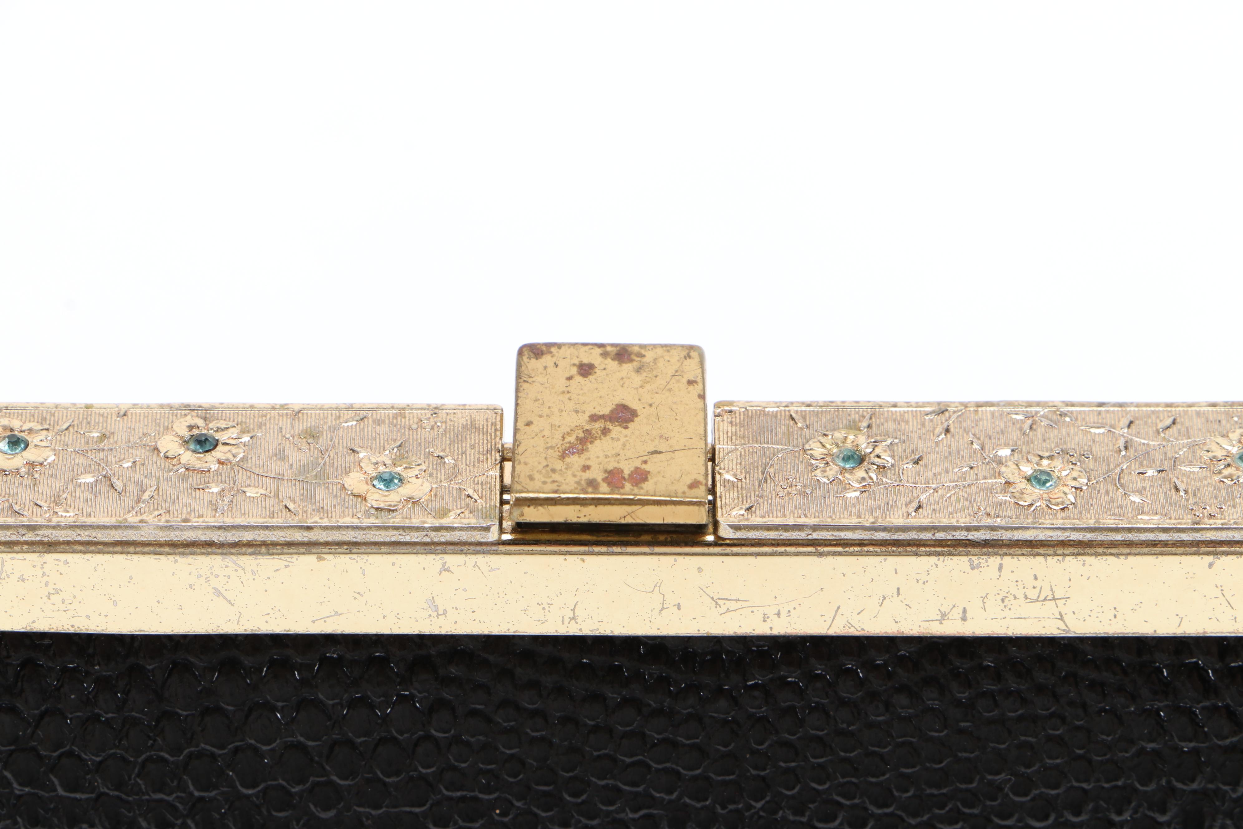 Franklin Simon After Five Black Lizard Embossed Frame Bag, Vintage