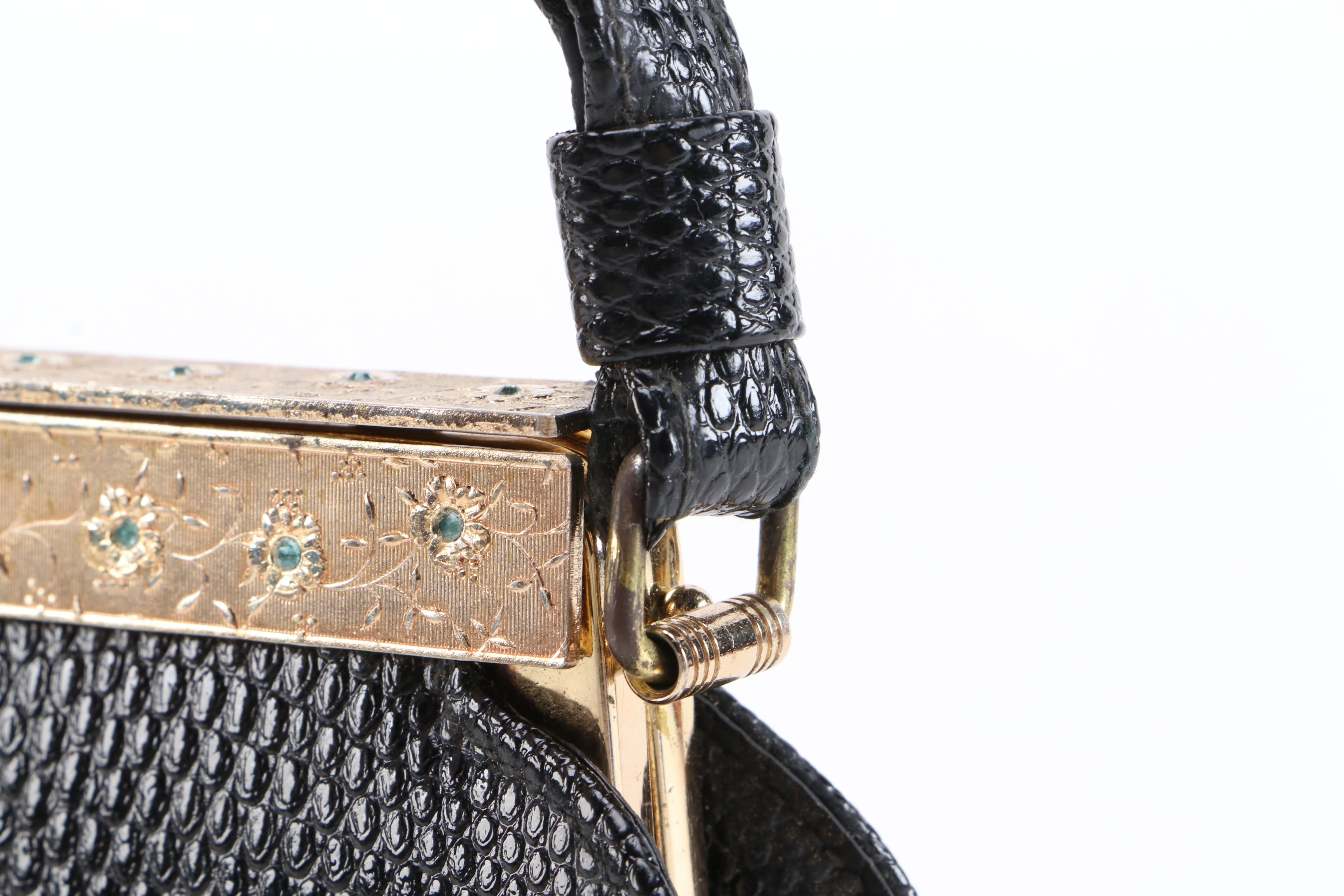 Franklin Simon After Five Black Lizard Embossed Frame Bag, Vintage