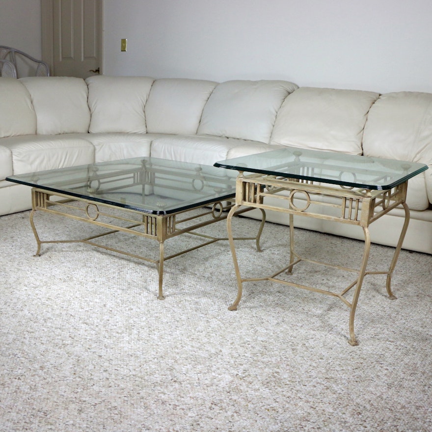 Regency Style Metal and Tempered Glass Coffee Table and Side Table