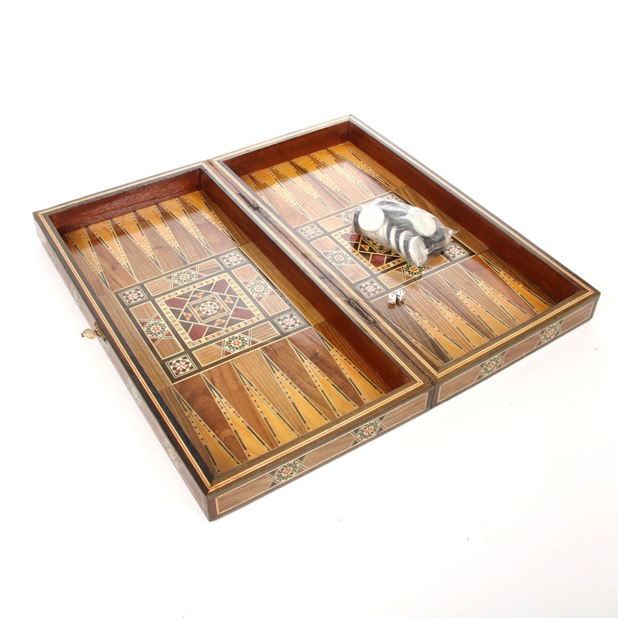 Middle Eastern or North African Wood and Bone Marquetry Backgammon Box