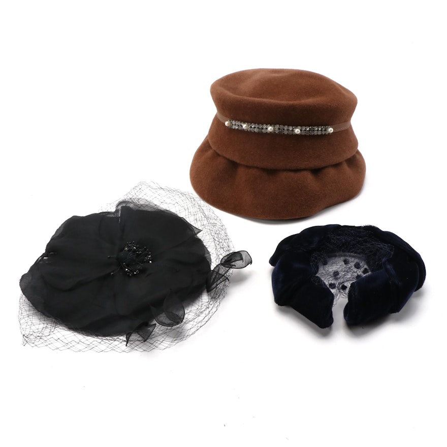 Mr. John Caprice Veiled Fascinator, Rosalyn Bucket Hat, Velvet Headband and Box