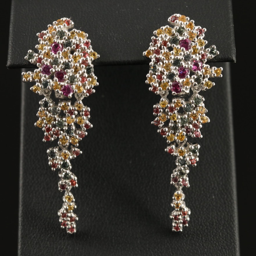 Sterling Silver Rhodolite Garnet and Sapphire Cluster Dangle Earrings