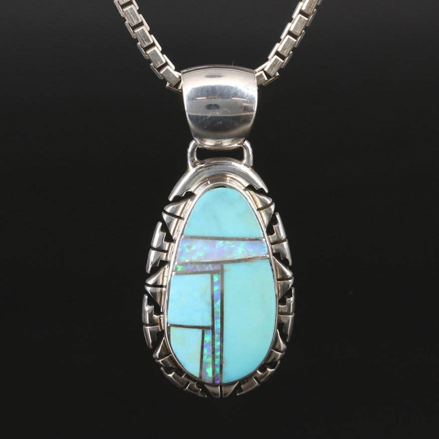 Sterling Turquoise and Opal Inlay Pendant Necklace