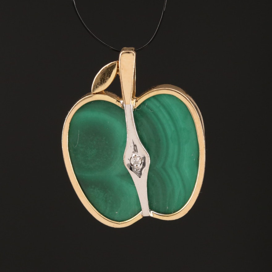 14K Malachite and Diamond Apple Pendant