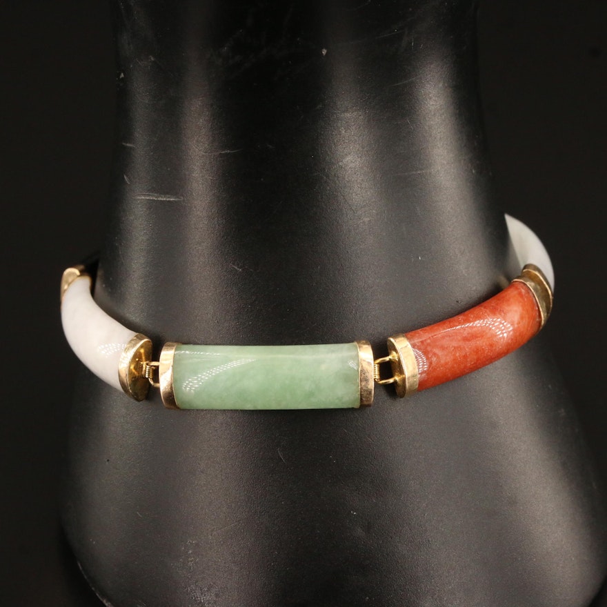 14K Jadeite and Black Onyx "Good Fortune" Panel Bracelet