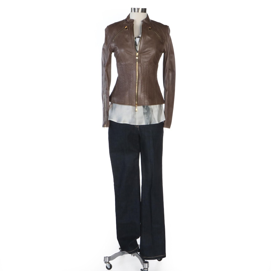 Escada Leather Jacket with Draped Chain Strap Blouse and Beaded Jeans