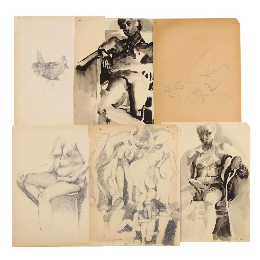 Modern Charcoal and Ink Figurative Gesture Drawings, 1960s