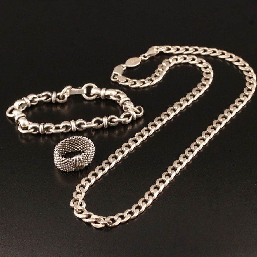 Mexican Sterling Silver Fancy Link Bracelet, Curb Link Necklace and Mesh Ring