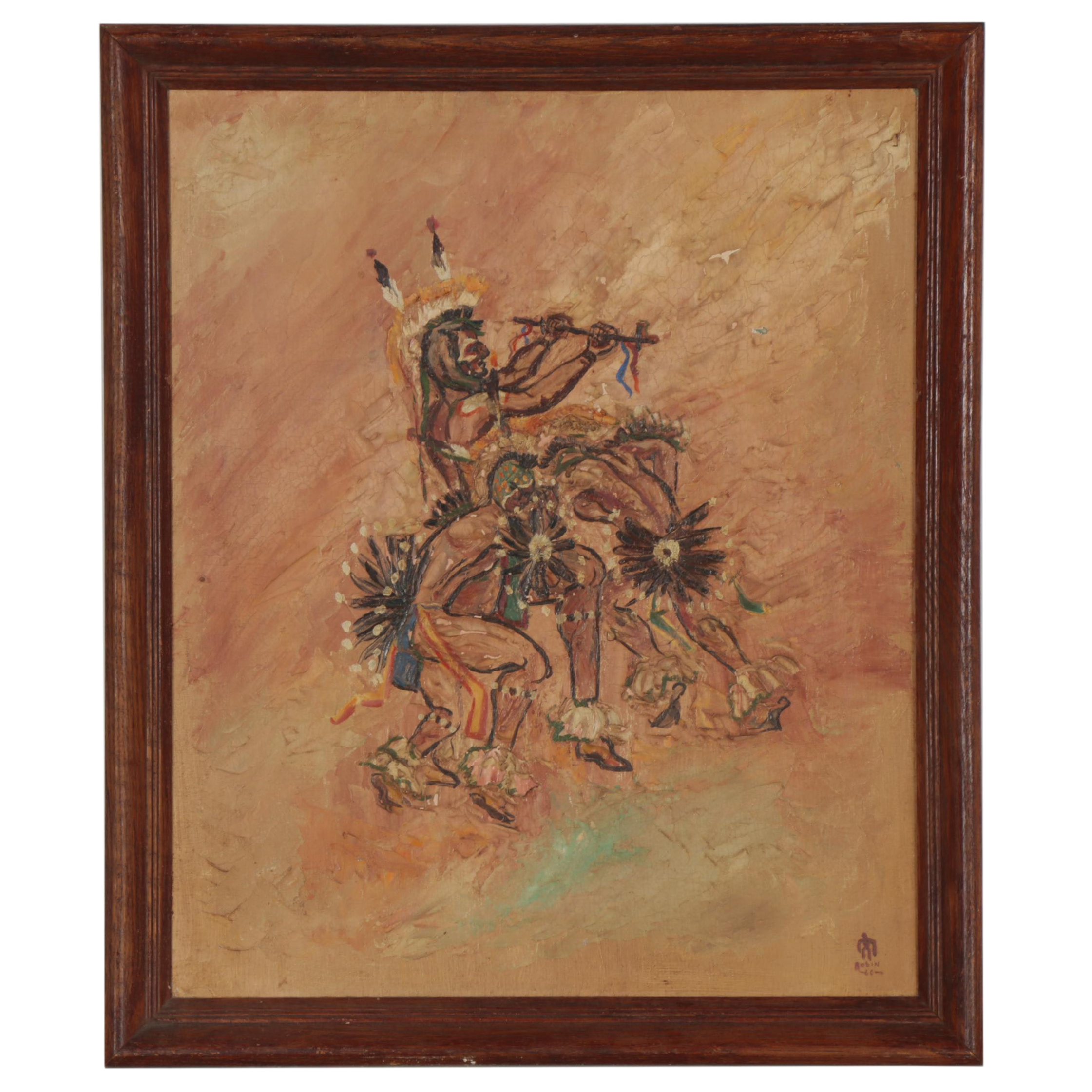 Robert Learned Hand Oil Painting of Native American Dancers, 1960